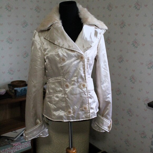 BEBE Satin Down Jacket with Removable Rabbit Fur Collar, Small - Picture 1 of 15